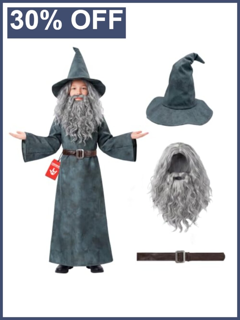 Kids Wizard Costume Set Robe Hat Wig Beard Halloween